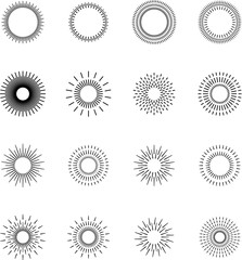 Vintage sunburst. Bursting rays sunrise firework starburst blast burst sunset star hand drawn collection. Radial sunset beams light ray radiant spark. Retro radiant sunburst. Trendy Vector badge set.