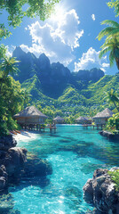 Bright Daylight Illustration of Bora Bora's Overwater Bungalows