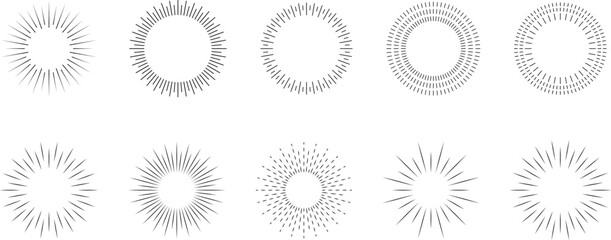 Vintage sunburst. Bursting rays sunrise firework starburst blast burst sunset star hand drawn collection. Radial sunset beams light ray radiant spark. Retro radiant sunburst. Trendy Vector badge set.