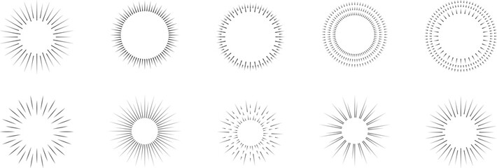 Vintage sunburst. Bursting rays sunrise firework starburst blast burst sunset star hand drawn collection. Radial sunset beams light ray radiant spark. Retro radiant sunburst. Trendy Vector badge set.