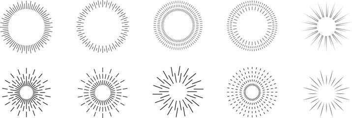 Vintage sunburst. Bursting rays sunrise firework starburst blast burst sunset star hand drawn collection. Radial sunset beams light ray radiant spark. Retro radiant sunburst. Trendy Vector badge set.