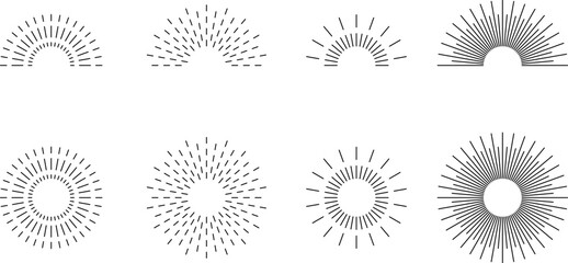 Vintage sunburst. Bursting rays sunrise firework starburst blast burst sunset star hand drawn collection. Radial sunset beams light ray radiant spark. Retro radiant sunburst. Trendy Vector badge set.