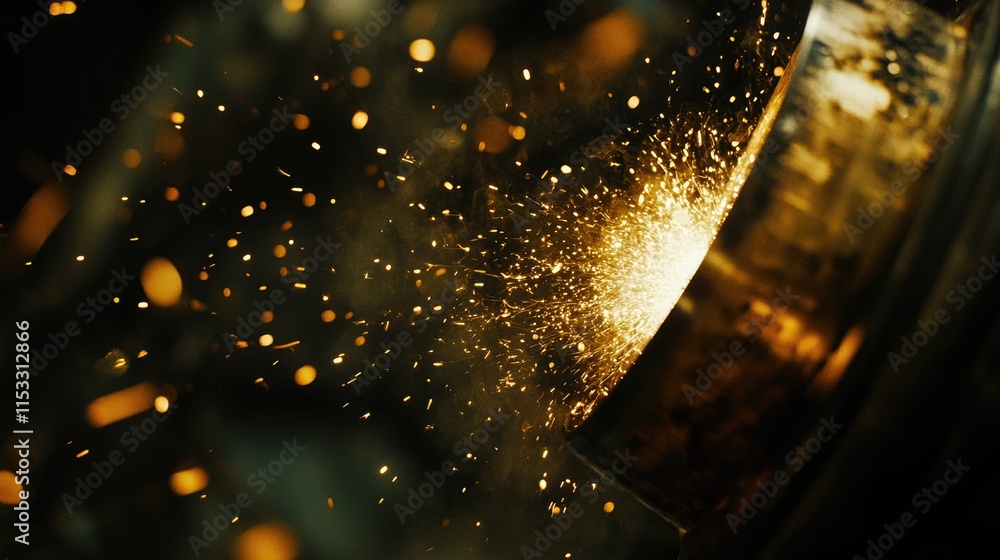 Poster a close-up of the grinding process on a cylindrical metal part, with sparks flying in all directions