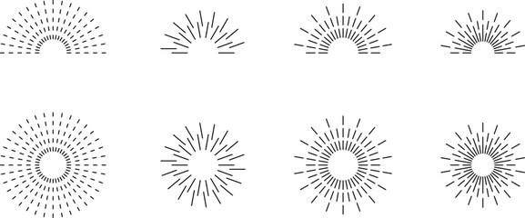 Vintage sunburst. Bursting rays sunrise firework starburst blast burst sunset star hand drawn collection. Radial sunset beams light ray radiant spark. Retro radiant sunburst. Trendy Vector badge set.