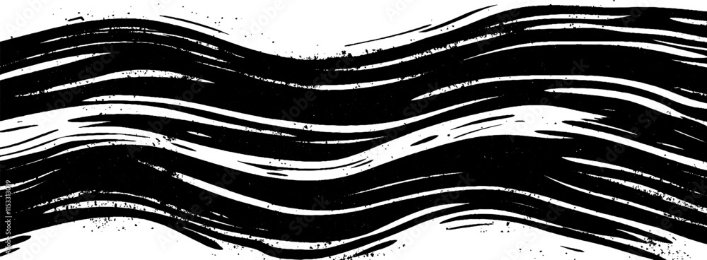 Poster vintage woodcut texture illustrating flowing lines and dynamic patterns in black and white