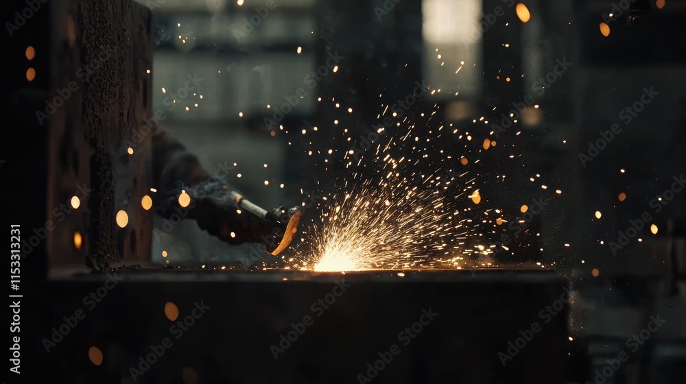 Poster a close-up shot of a welder using an arc welder in a factory, sparks flying and a focus on the weldi