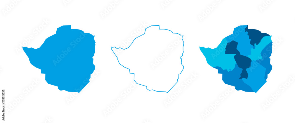 Poster zimbabwe set of three maps - solid map, outline map and map highlighting administrative divisions. t