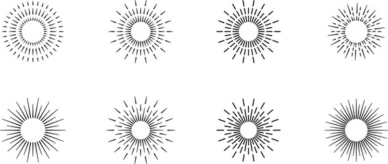 Vintage sunburst. Bursting rays sunrise firework starburst blast burst sunset star hand drawn collection. Radial sunset beams light ray radiant spark. Retro radiant sunburst. Trendy Vector badge set.