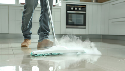 Happy man cleaning floor with steam mop in kitchen at home. Space for text