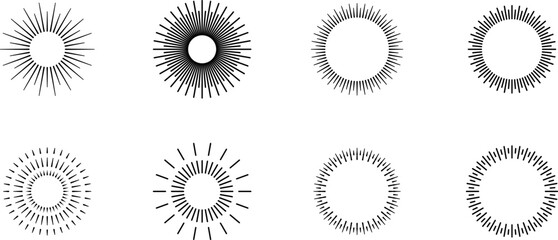 Vintage sunburst. Bursting rays sunrise firework starburst blast burst sunset star hand drawn collection. Radial sunset beams light ray radiant spark. Retro radiant sunburst. Trendy Vector badge set.