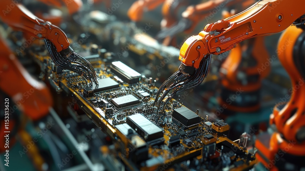 Aufkleber A close-up view of an automated PCB assembly line, with robotic arms installing components and performing quality control on circuit boards in electronics manufacturing.