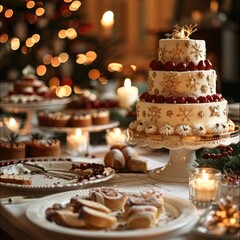 Christmas home party table, cake. A festive Christmas cake.