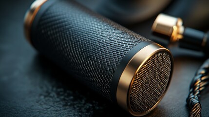 Obraz premium High end professional recording studio microphone, smooth metal mesh design, presented in low-key product photography, with a dark background highlighting its modern aesthetics.