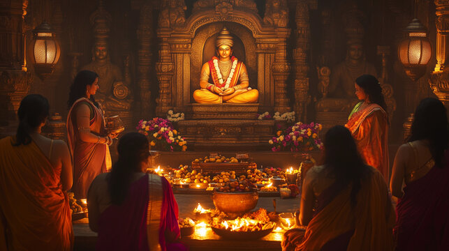 Hindu men and women wearing traditional attire praying in front of a statue of Lord Vishnu during Nirjala Ekadashi, statue surrounded by offerings of fruits and flowers, Ai generated images