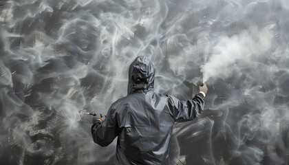 Fototapeta premium Decorator dyeing wall in grey color with spray paint indoors, back view