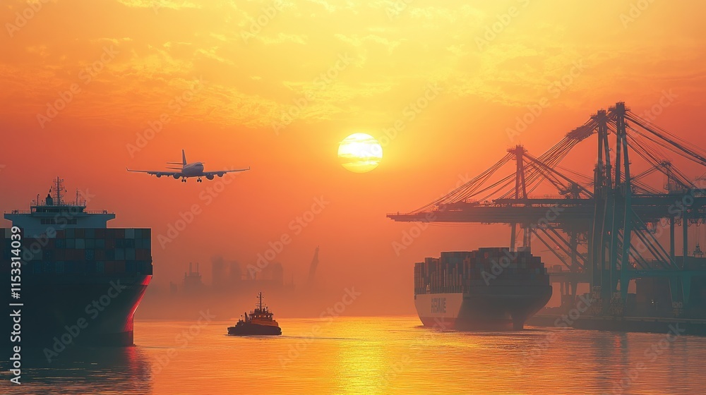 Poster a container ship and cargo plane in a logistics yard at sunrise, with cranes handling containers, em