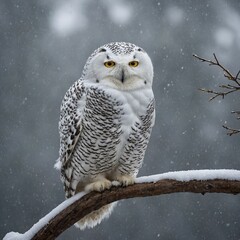 A stoic snowy owl perched on a branch during a gentle snowfall.
