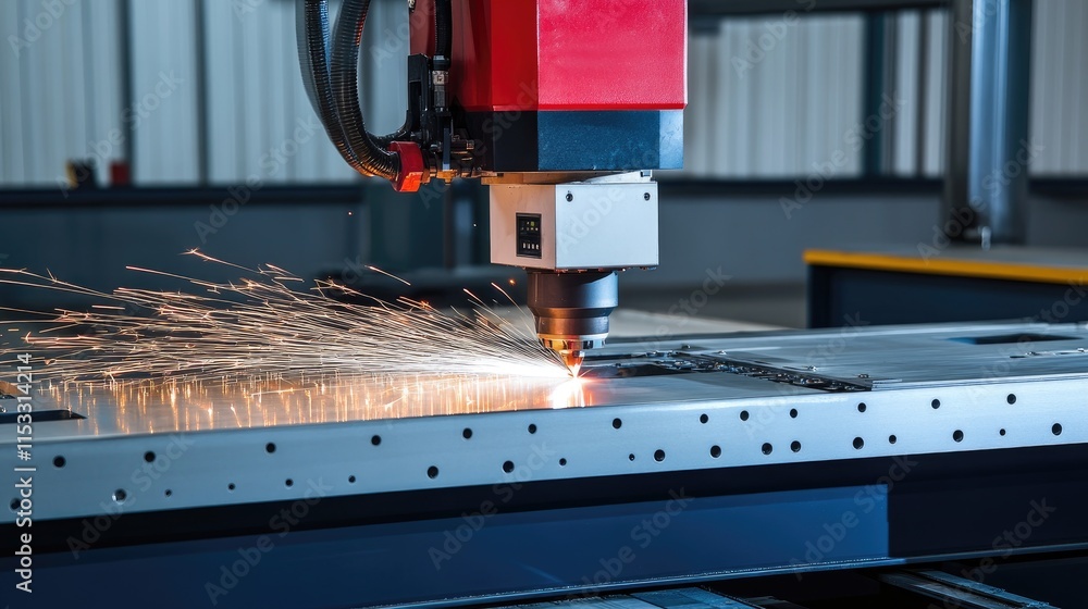 Poster A craftsman using a gas cutting machine to slice through steel in a fabrication workshop, with bright sparks creating a dynamic industrial scene.