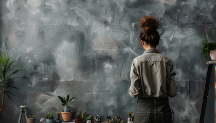 Decorator dyeing wall in grey color with spray paint indoors, back view