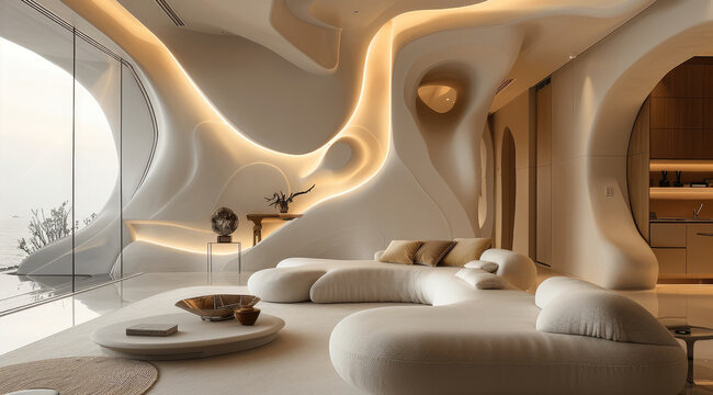 A living room. refined interplay of geometry and light defines this residence, where curvilinear forms guide the spatial experience. The design emphasizes fluid transitions.