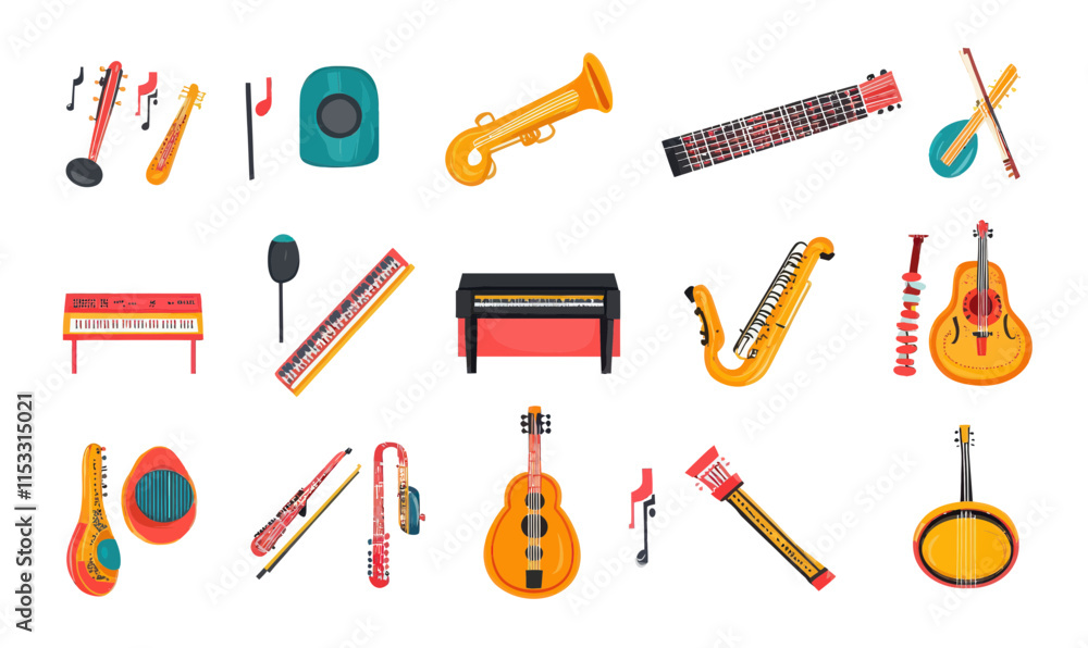 Poster colorful flat vector set of musical instruments icons for design projects