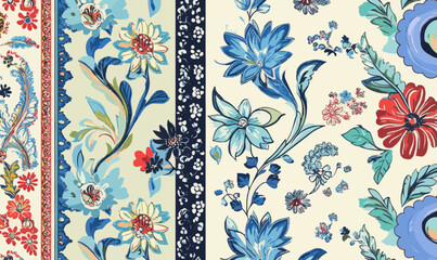 Colorful Patchwork Floral Vector with Paisley and Indian Flower Motifs for Textile Design