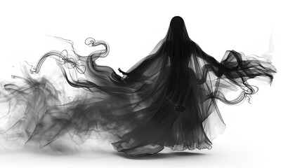 Fototapeta premium Halloween ghost shadow phantom. Flying spooky dead soul. Black smoke transparent horror monster isolated on white background