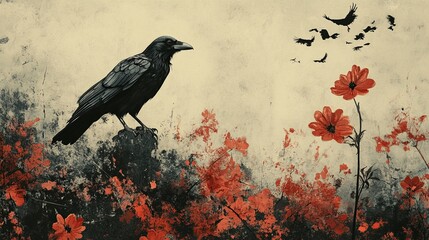 Grunge rock show poster featuring melancholic lyrics, broken glass, flowers, and crows in a dark and gritty design, perfect for a heavy rock music event with intense atmosphere.