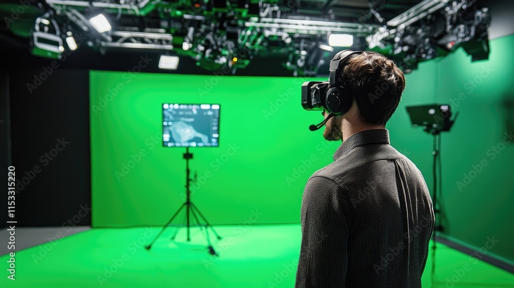 Poster a cutting-edge virtual tv studio with a green screen wall, perfect for creating immersive news sets 