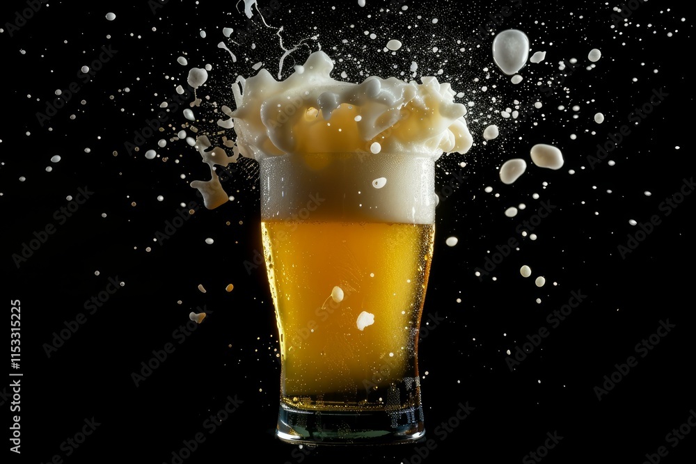 Poster pint of refreshing golden beer overflowing with thick white foam, creating a dynamic splash against 