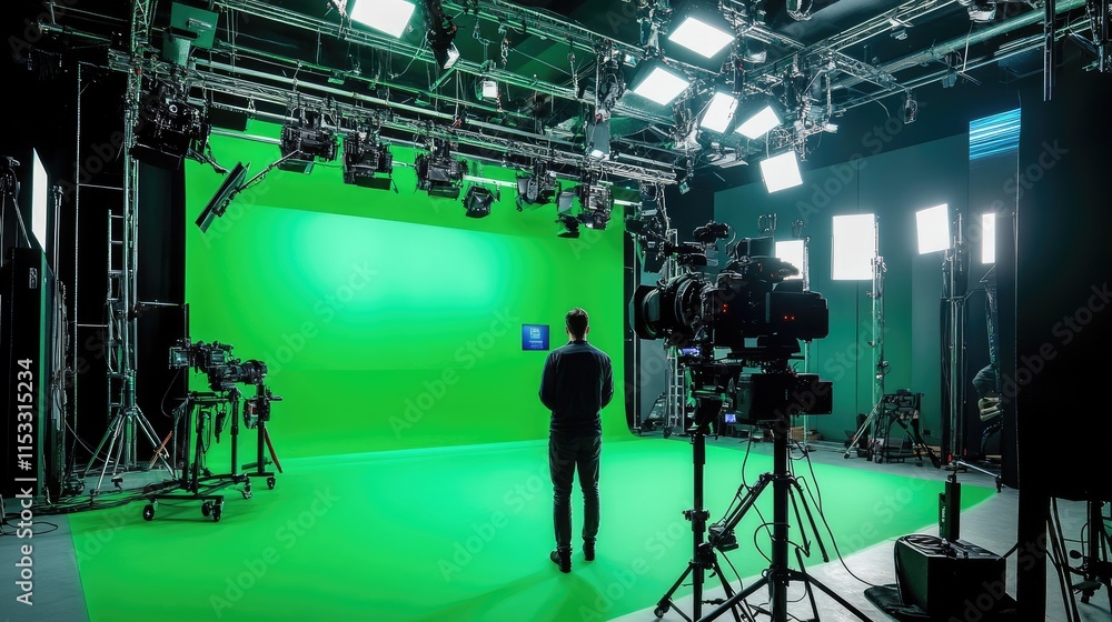 Poster a cutting-edge virtual tv studio with a green screen wall, perfect for creating immersive news sets 