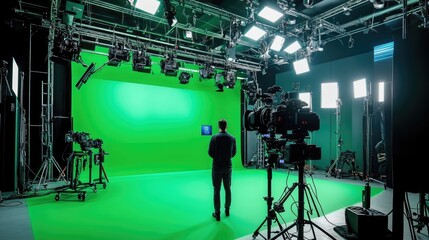 A cutting-edge virtual TV studio with a green screen wall, perfect for creating immersive news sets and 3D digital environments.