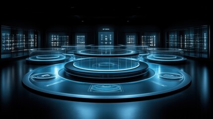 Futuristic dark room with glowing circular platforms.