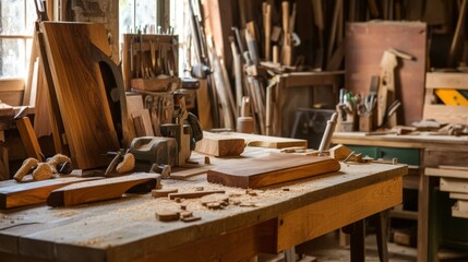 A serene woodworking workshop with tools and wood pieces neatly arranged, Woodworker crafting a masterpiece at a workbench, Artistic craftsmanship photography style