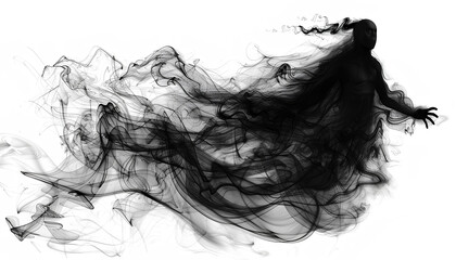 Fototapeta premium Halloween ghost shadow phantom. Flying spooky dead soul. Black smoke transparent horror monster isolated on white background