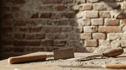 Bricklaying Tools on Unfinished Wall with Fresh Cement