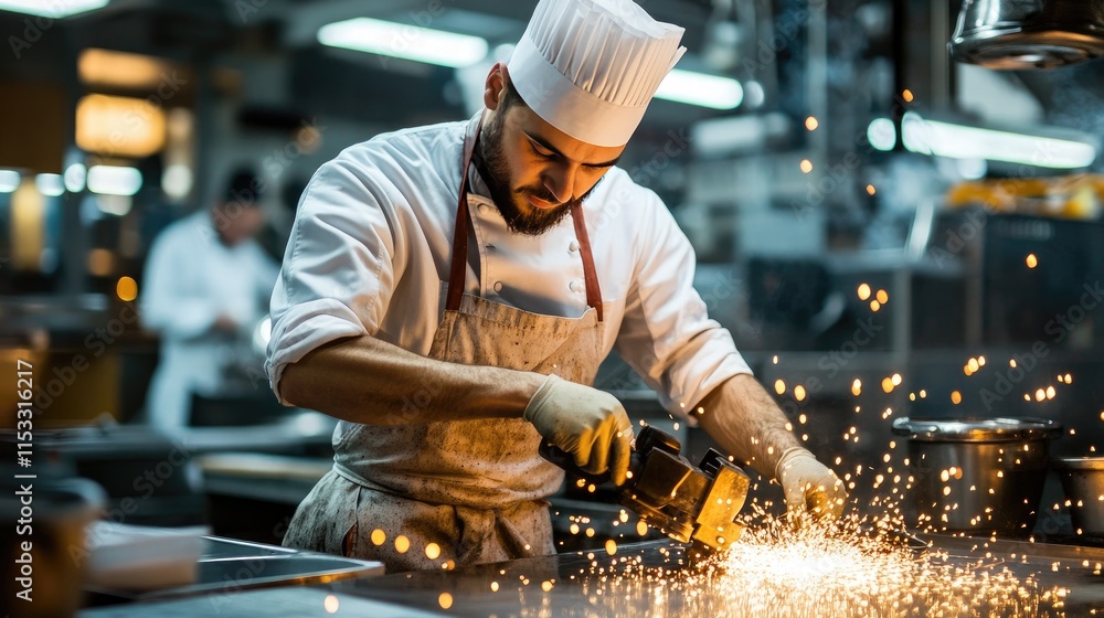Poster a factory worker using a grinder on metal in a heavy industrial workshop, with sparks flying and lar