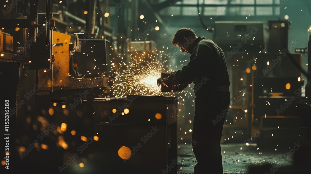 Poster a factory worker using a grinder on metal in a heavy industrial workshop, with sparks flying and lar