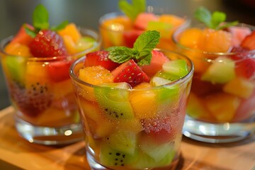 Refreshing fruit salad with strawberries, melon, kiwi, and mint, served in glass cups on a wooden board