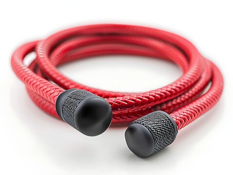 Close-up of a red braided cable with black end caps, coiled on a white background. - Powered by Adobe