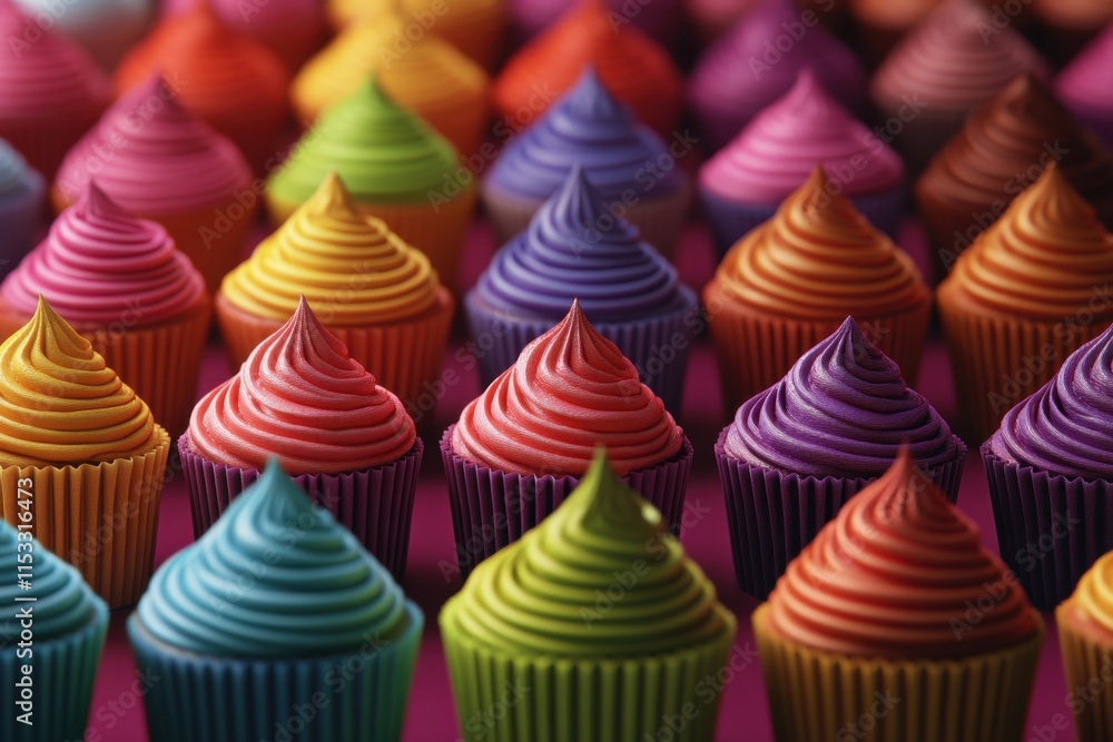 Poster a row of colorful cupcakes with frosting on top