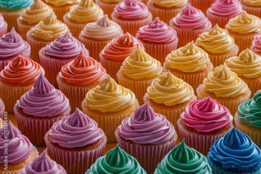 Poster a row of colorful cupcakes with frosting on top