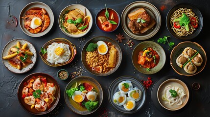 A variety of Asian dishes laid out on a dark background.