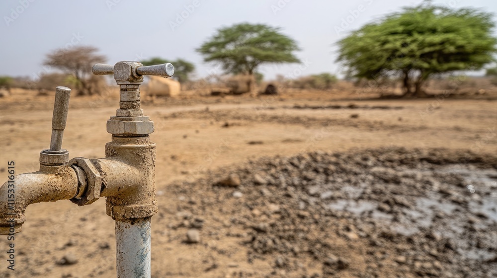 Poster a faucet in a drought-stricken area with no water running, signifying the devastating effects of wat