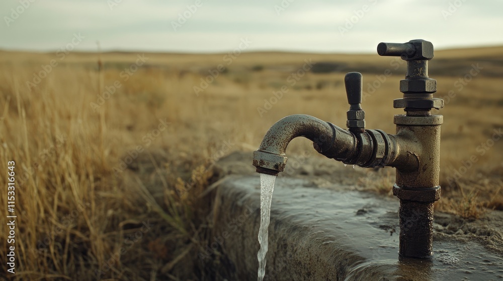 Poster a faucet in a drought-stricken area with no water running, signifying the devastating effects of wat