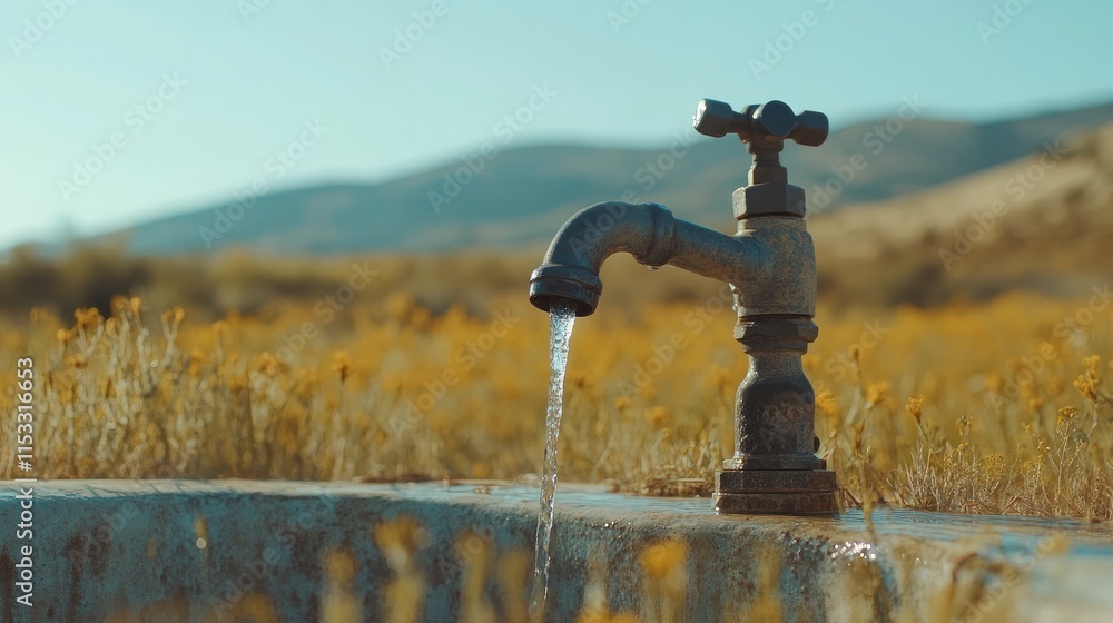 Poster a faucet in a drought-stricken area with no water running, signifying the devastating effects of wat