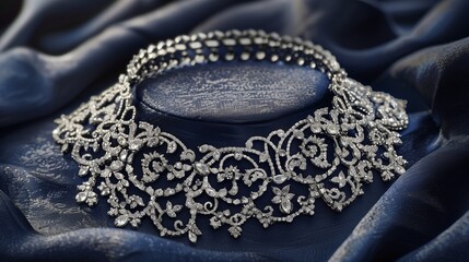 Obraz premium A stunning diamond necklace with intricate details, showcased on a matte velvet surface.