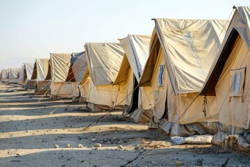 Numerous tents provide temporary shelter in a desert refugee camp, highlighting the plight of displaced populations