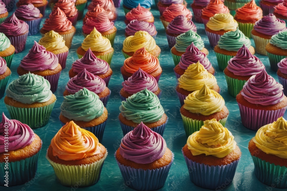 Poster a row of colorful cupcakes with frosting on top