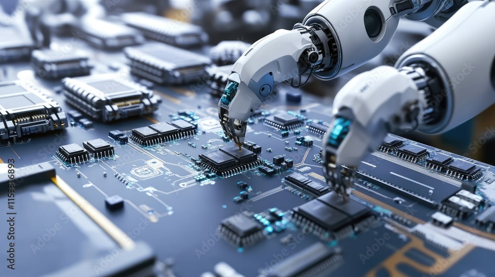 Aufkleber A fully automated PCB assembly line with robotic arms installing components on circuit boards, with a focus on quality control in electronics manufacturing.